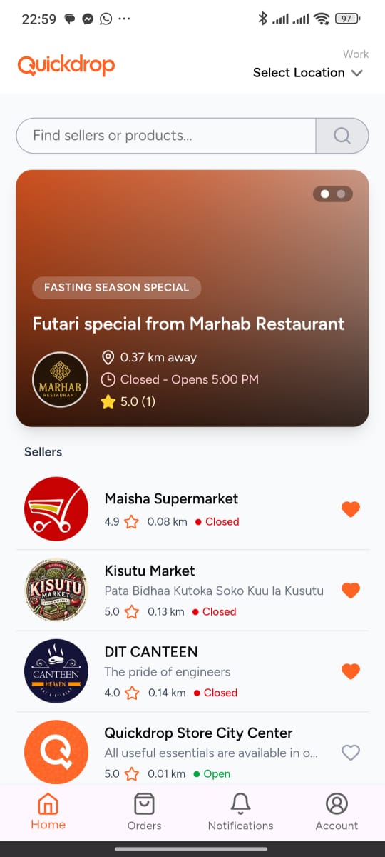 Quickdrop app home screen showing seller search and nearby sellers